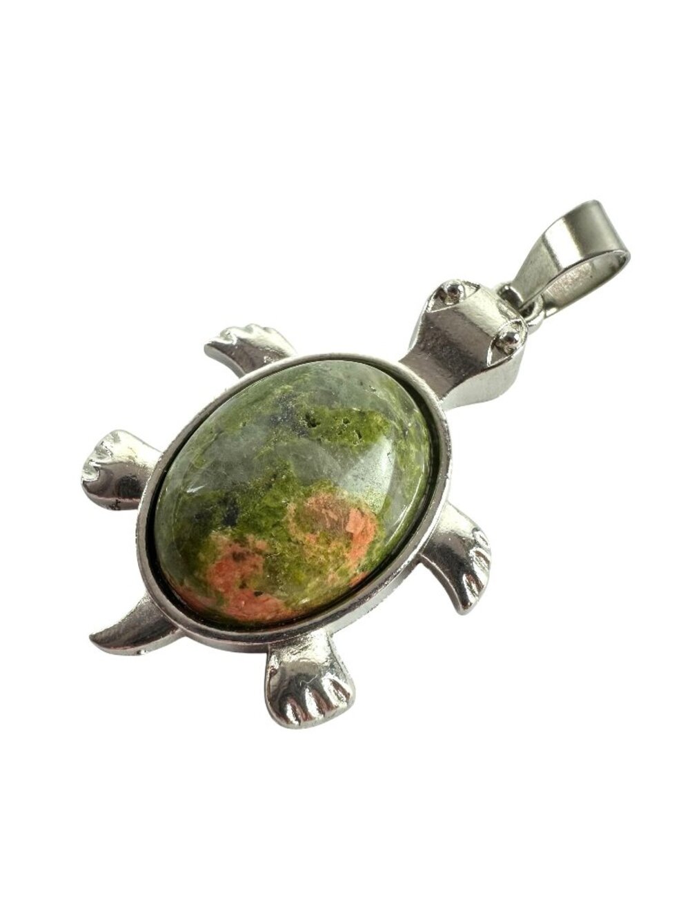 Turtle-Shaped Green Stone & Silver Tone Pendant Necklace Charm